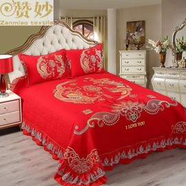 婚庆全棉床盖三件套床罩纯棉，床裙2024年绗缝被，高级红色结婚用