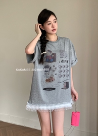 kakamee纯棉少女减龄hellokitty喷画蕾丝拼接短袖t恤上衣