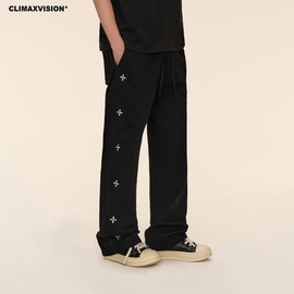 climaxvision320克纯棉，十字架刺绣直筒休闲长裤，男美式运动卫裤