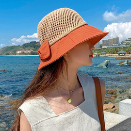 帽子女夏天蝴蝶结镂空渔夫帽，出游度假沙滩，帽骑车可折叠防晒遮阳帽