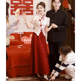 新中式敬酒服新娘2024红色旗袍，结婚订婚礼服，裙女夏季修身长款