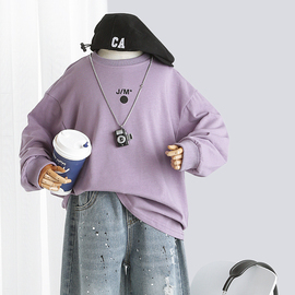 男童紫色长袖t恤2024春装卡通印花圆领春秋，款宽松儿童上衣潮