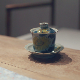 宋青书院《秋菊》冰裂青釉，茶具盖碗茶杯釉下手绘开片裂纹釉