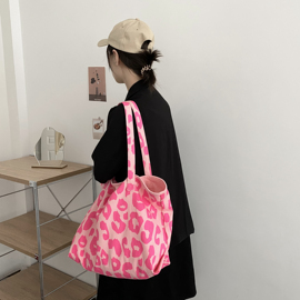 粉红色豹纹包大容量托特包动物纹帆布包女单肩手提包2021