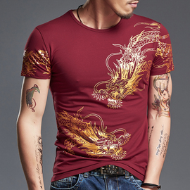夏季个性短袖t恤男装霸气，龙纹图案中国风，印花半袖纹身上衣服
