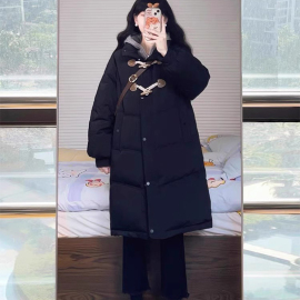 中长款黑色牛角扣外套羽绒棉服，女2024冬季小个子保暖加厚棉袄大衣