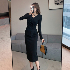 名媛风气质两件套小黑裙秋季法式御姐轻熟风高端精致收腰包臀套装