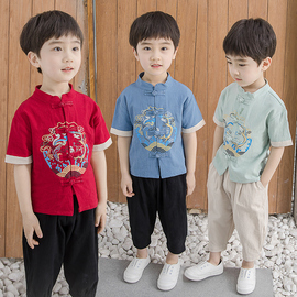 儿童汉服复古男童中国风表演出套装，童装棉麻唐装短袖短裤宝宝夏装