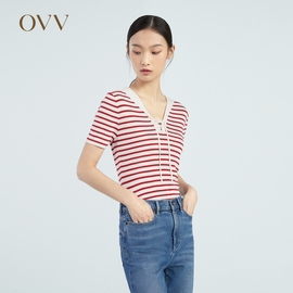 ovv春夏女装桑蚕丝，亚麻混纺系带海军风，条纹短袖针织衫