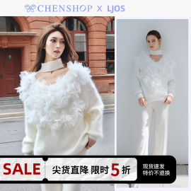 LJOS时尚钉珠花朵兔毛露肩毛衣长袖小众百搭女CHENSHOP设计师品牌