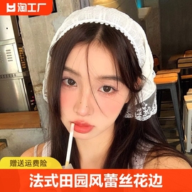 法式田园风蕾丝花边三角巾女夏季绑发发带丝巾甜美气质少女感头巾