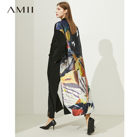 Amii2024冬时尚艺术感撞料拼接印花缎面双面呢大衣女毛呢外套