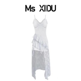 Ms XIDU 纯欲辣妹不规则下摆开叉连衣裙浪漫氛围感修身蕾丝吊带裙