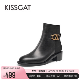 接吻猫靴子秋冬季简约K扣短靴时尚加绒保暖真皮时装骑士靴女