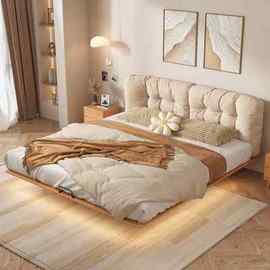现代简约悬浮床双人床，1.5米1.8米带感应灯家用主卧布艺软床婚床