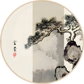 新中式国画山水千峰竞秀，松鹤瀑布圆形，装饰画玄关客厅书房酒店挂画