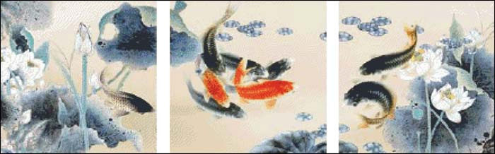 九鱼图鱼戏荷花 年年有鱼水墨鲤鱼(三联) 十字绣图 重绘电子图