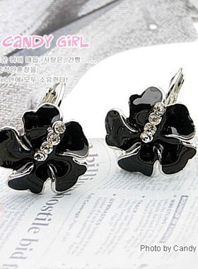 私级文艺 韩式淑女黑色花朵花钩耳扣/耳环端庄典雅白色襯衫放验