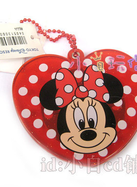 日本东京迪斯尼★正版莹彩半透明红色米妮爱心形随身镜 挂链