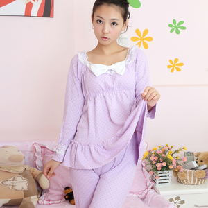 依传说 春秋季女可爱甜美纯棉全棉蝴蝶结睡衣裤套装家居服 浅紫色