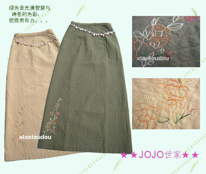 特价冬装★淑格军绿色或米色斜格绣花长裙Q538★淑女风范~