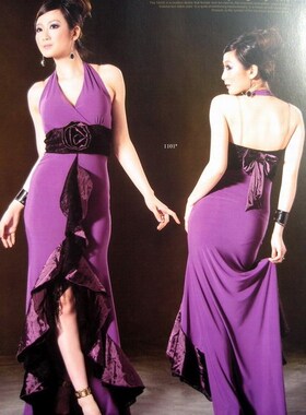 【赔钱清仓】迷情紫色 高贵露背长款炫亮菲边晚礼裙长裙 晚宴礼服