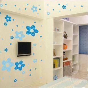 DIY手绘涂鸦贴纸蓝色花朵墙画