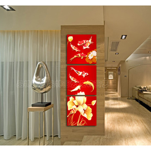 客厅书房玄关中式风格年年有余装饰画无框壁画竖向挂画九鱼荷花图