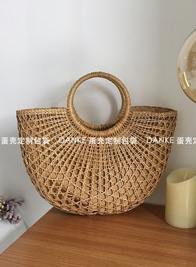 草编包沙滩包 2024夏季手提编织包 ins爆款韩国度假风镂空半月包