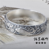 999足银银鱼戏莲花开口银手镯手工宽版 民族风银镯 浮雕复古时尚