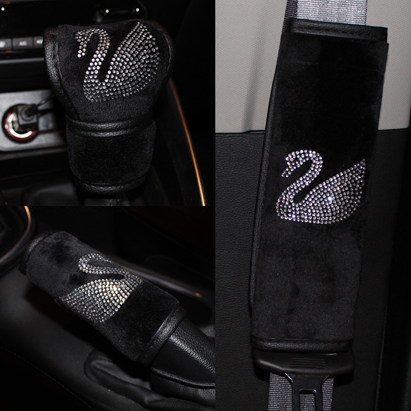 汽车内饰四季天鹅镶钻水钻毛绒手刹套排挡套安全带护肩套装套饰女