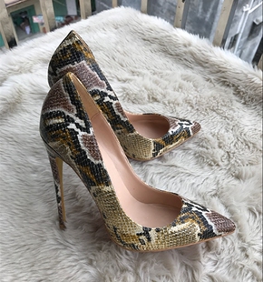 2022欧美新款印花蛇皮高跟鞋33码34码拼色超细铁跟尖头单鞋10cm