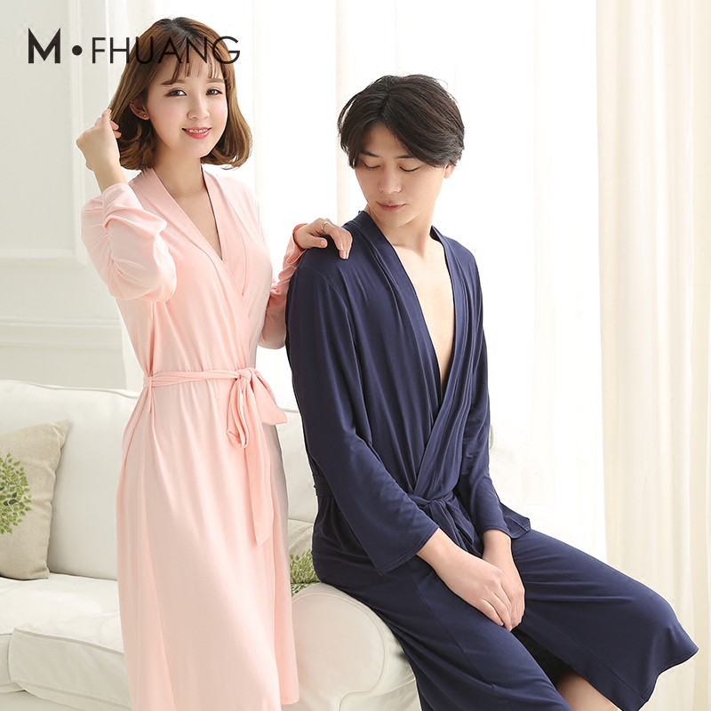 春秋睡袍浴袍情侣薄款连体浴衣女士性感莫代尔纯棉家居服睡衣男夏