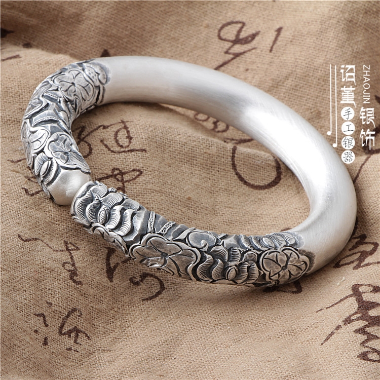 足银999金箍棒银镯手工雕刻莲花手镯定海神针开口民族风情侣镯子