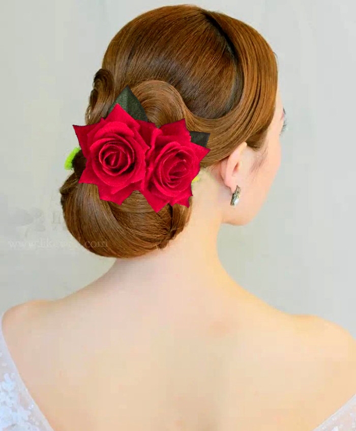 鲜艳唯美玫瑰花头饰大花朵盘发饰品舞台表演头花发夹边夹新娘配饰