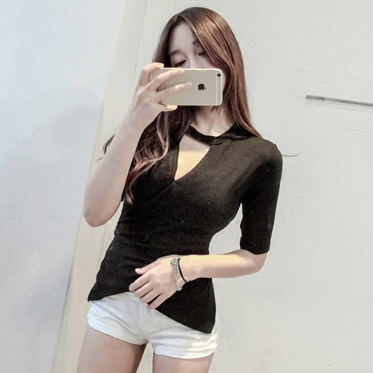 春天女装半袖上衣夜店低胸秋衣深v性感衣服t恤紧身中袖露脐体恤