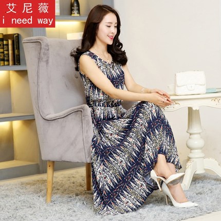 2017春夏款大码人棉连衣裙春夏款波西米亚长裙夏季大码棉绸连衣裙