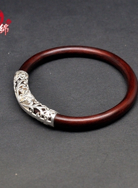 S925纯银西藏山南无节鸡血藤手镯镯子女雪花银莲花管款民族风饰品