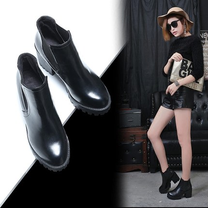 妙钻2017新款秋冬粗跟短靴女真皮厚底马丁靴圆头韩版英伦风女靴子