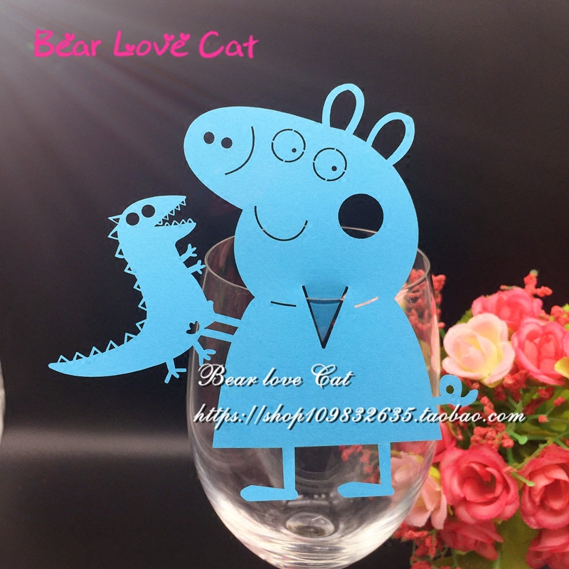 镂空蓝色小猪生日派对红酒杯插卡宝宝百日宴座位卡装饰名字牌50枚