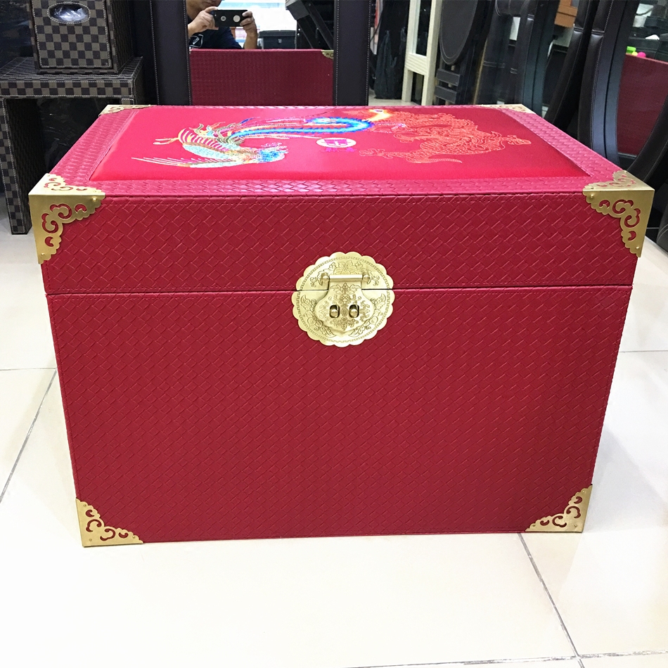 品牌丝绸皮箱子婚嫁箱仿古雕花嫁妆箱结婚收纳箱陪嫁结婚字画箱子