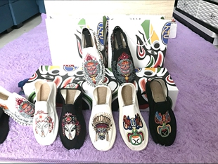 西山手工色鬼布鞋精神小伙刺绣懒人潮鞋京剧脸谱快手社会情侣男鞋