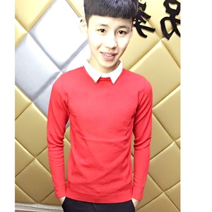 网红假两件衬衣领毛衣男修身秋冬毛衣潮流百搭时尚线衣套头针织衫