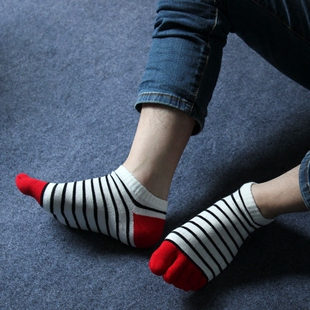个性 薄款 款 夏季 条纹防臭短筒撞色条纹短袜子 纯棉五指袜男士