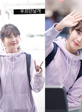 IU李知恩明星同款紫色上衣连帽宽松字母刺绣长袖加绒加厚卫衣女