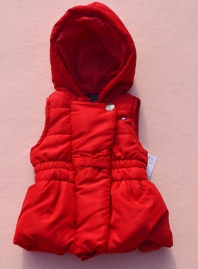 欧美原单童装TH家女童宝宝棉袄马甲连帽背心红色白色小码包邮B076