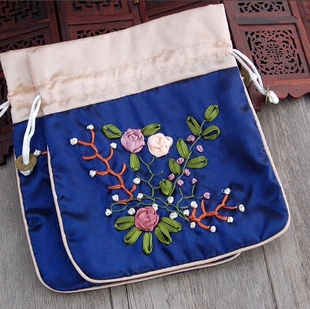 丝绸首饰袋 民族风手工绣花铜钱抽包高档锦囊小布袋佛珠袋宝蓝色