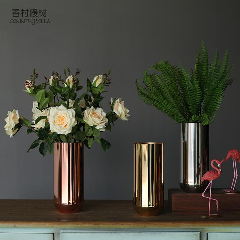 北欧简约欧式美式时尚金属花瓶花器鲜花容器花插金色银色摆件