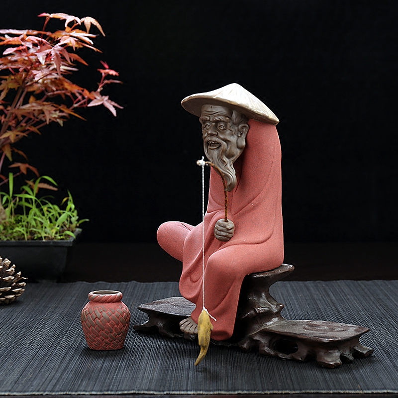 乾玉堂陶瓷新品彩陶小和尚禅意达摩饰品渔翁垂钓家居摆件根雕配件