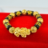 铜合金手链男欧币黑曜石六字真言貔貅手链男女转运手串情侣饰品